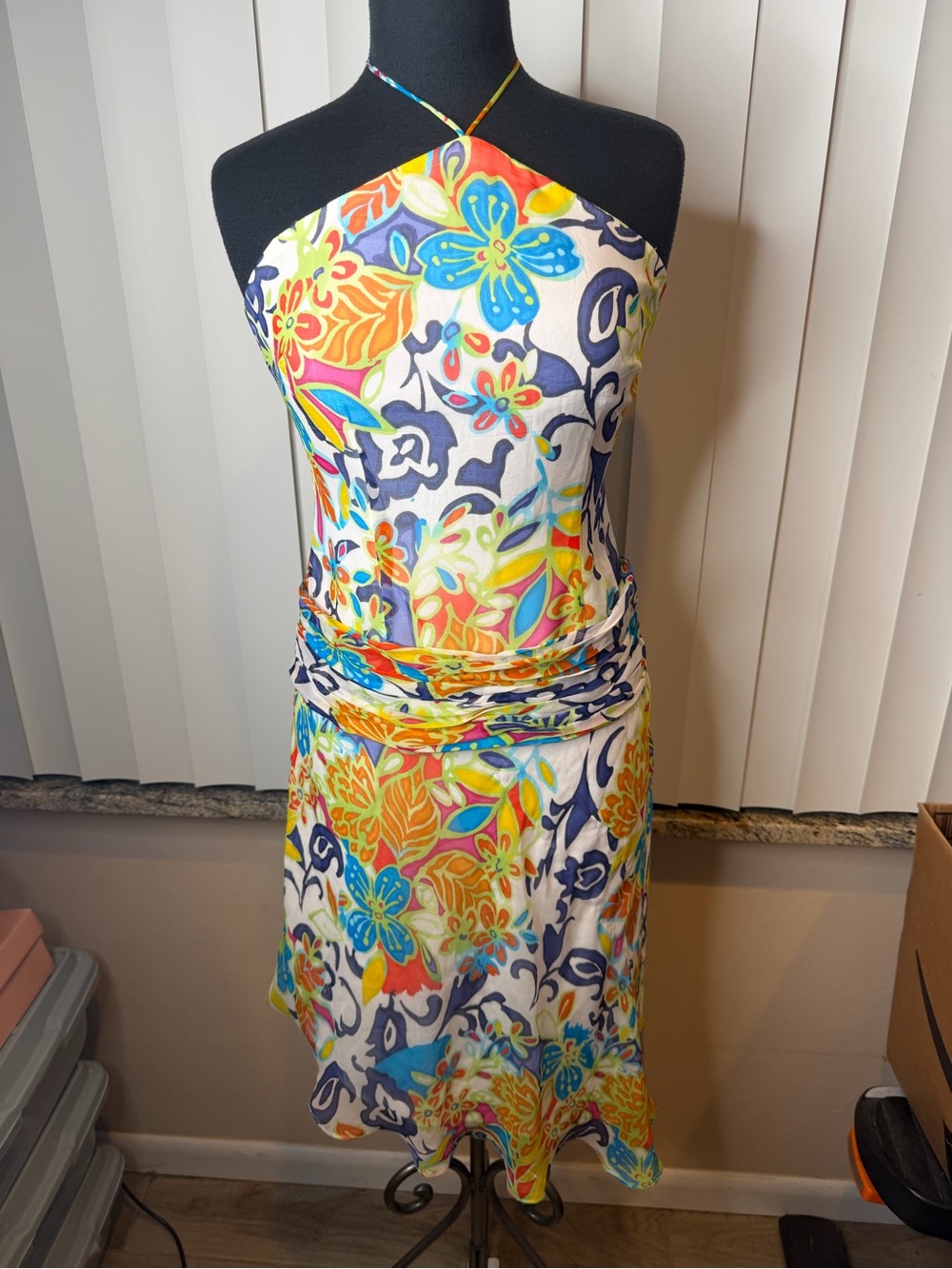 David Meister Colorful Floral Halter Multicolor Party Cocktail Event Dress SZ 2